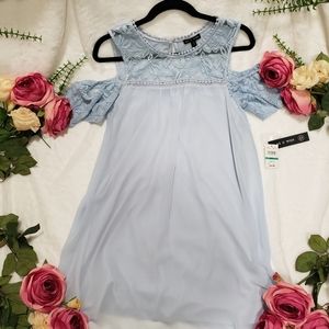 As U Wish dusty blue off the shoulder lace detail dress